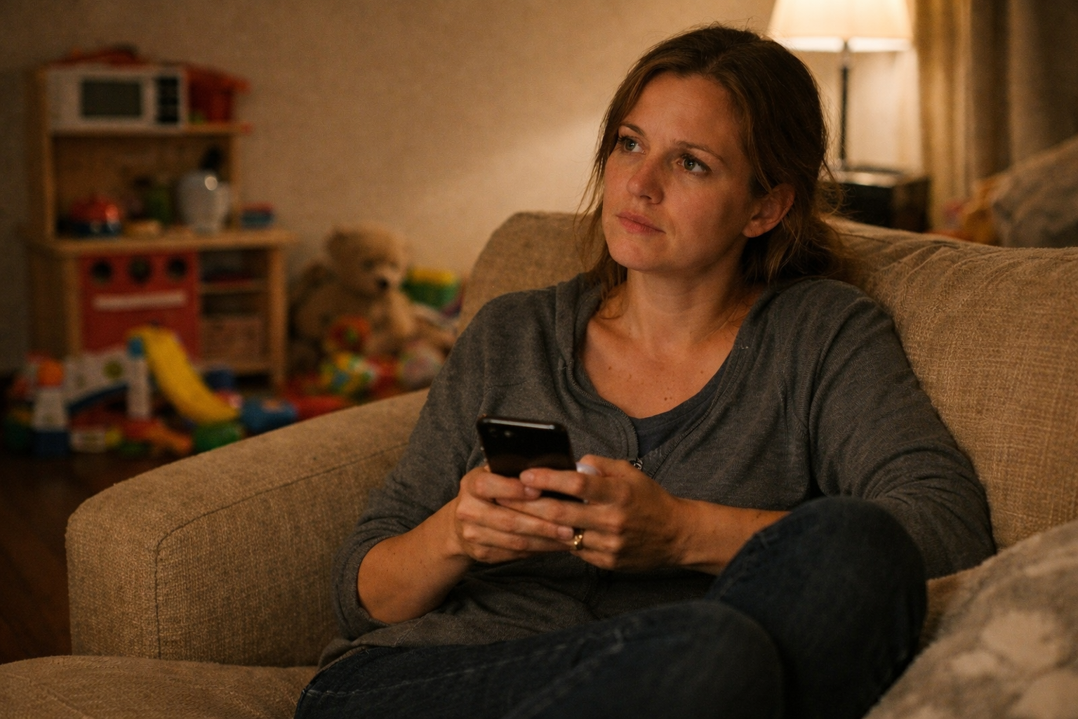 Parent sitting on a sofa in the evening, holding a phone and thinking
