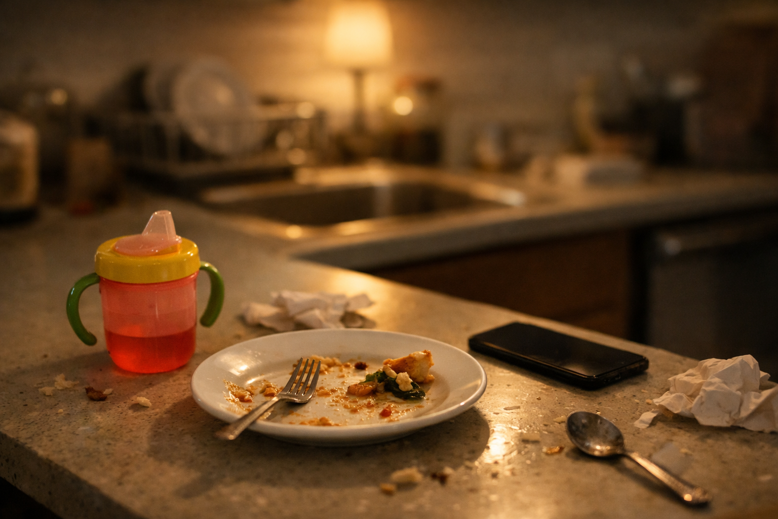 Late-night kitchen counter with a half-finished plate, child’s cup, tissues, and a phone